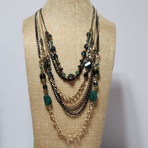 Elegant Emerald Green Glass Multi-Layered Necklace with Gold and Black Accents